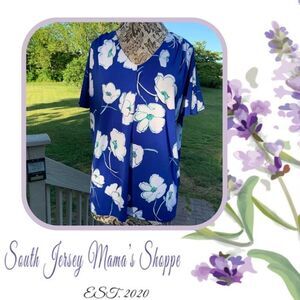 Liz Claiborne Career Size XXL Blue With White Flowers Blouse (C59)